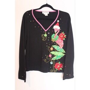 Jack B Quick Women's Sweater Black Large Christmas Santa Embroidered Embelished‎